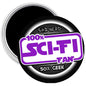 2.25-inch round sci-fi fan magnet, purple "100% SciFi Fan" graphic text