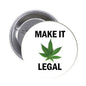Leaf pinback button with 'MAKE IT LEGAL' text and green leaf graphic