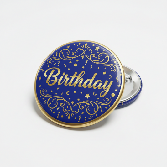 2.25-inch birthday pinback button, round blue face with gold “Birthday” and filigree