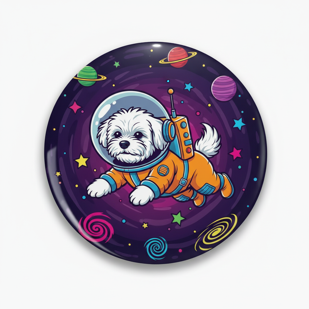 Round pinback button with cartoon Maltese in orange space suit on purple star background