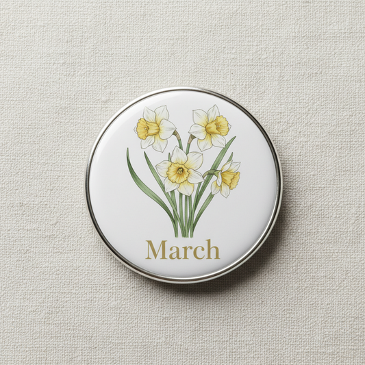 March birthday flower pinback badge with daffodils, round 2.25-inch