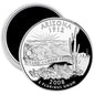Round Arizona state quarter-style image magnet, silver and black with "ARIZONA 1912" text
