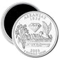 Arkansas state quarter fridge magnet, circular silver coin design with text Arkansas 1836