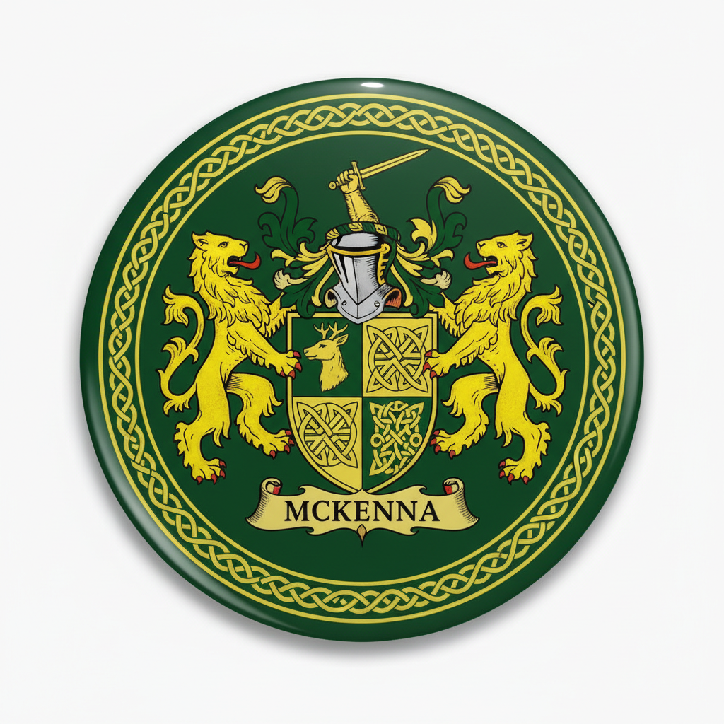 A circular green button or badge featuring a detailed yellow and silver McKenna family crest with two lions, a shield, and a Celtic knot border, shown on a light gray background.