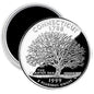 2.25-inch round silver magnet with Connecticut quarter design and Charter Oak tree