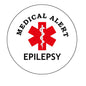 2.25-inch epilepsy medical alert pinback, white circular with red cross and caduceus icon