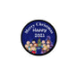2.25-inch round Christmas pinback button with cartoon people and “Merry Christmas Happy 2021”