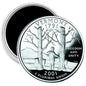 Round silver-tone Vermont quarter magnet with tree scene and text Freedom and Unity