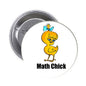 Round pinback button with yellow chick, blue butterfly, and white background