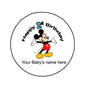 Round pinback button with “Happy 1st Birthday”, cartoon character, and “Your Baby’s name here”