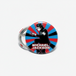 Michael Jackson pinback button, circular graphic with black outfit figure and red-blue rays