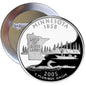 Minnesota state quarter pinback button, silver and black with 1858 and “10,000 Lakes” scene