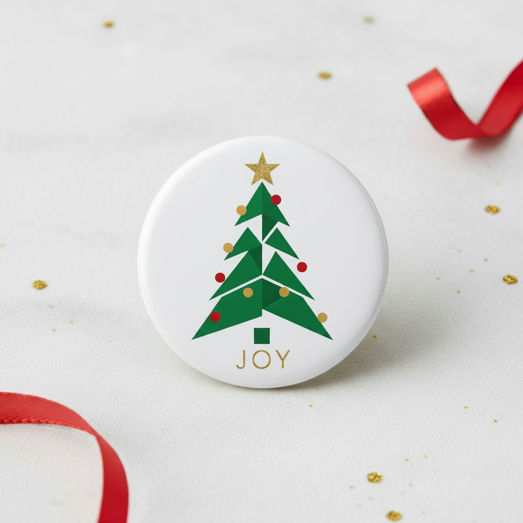 Round white Christmas tree button pin with green tree, gold star, and 'JOY' text