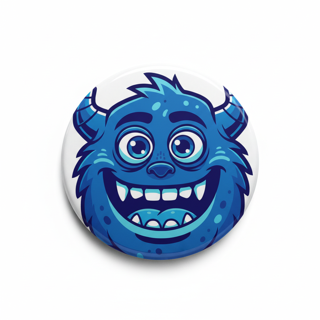 Blue monster avatar pinback button, round with cartoon blue face and teeth