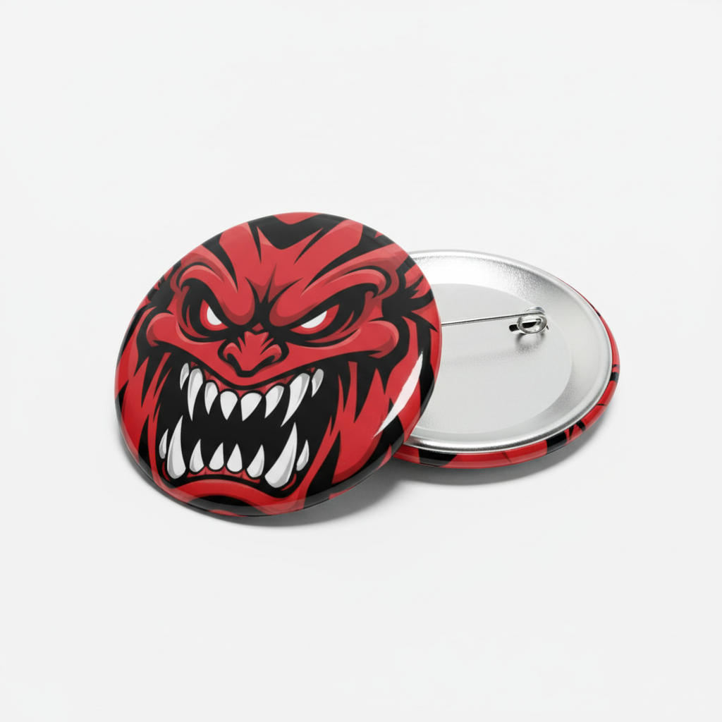Red monster pinback button with snarling face graphic, silver border and safety pin backing