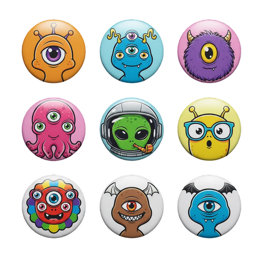 8-piece monster face pinback button set with assorted character faces