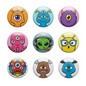 8-piece monster face pinback button set with assorted character faces