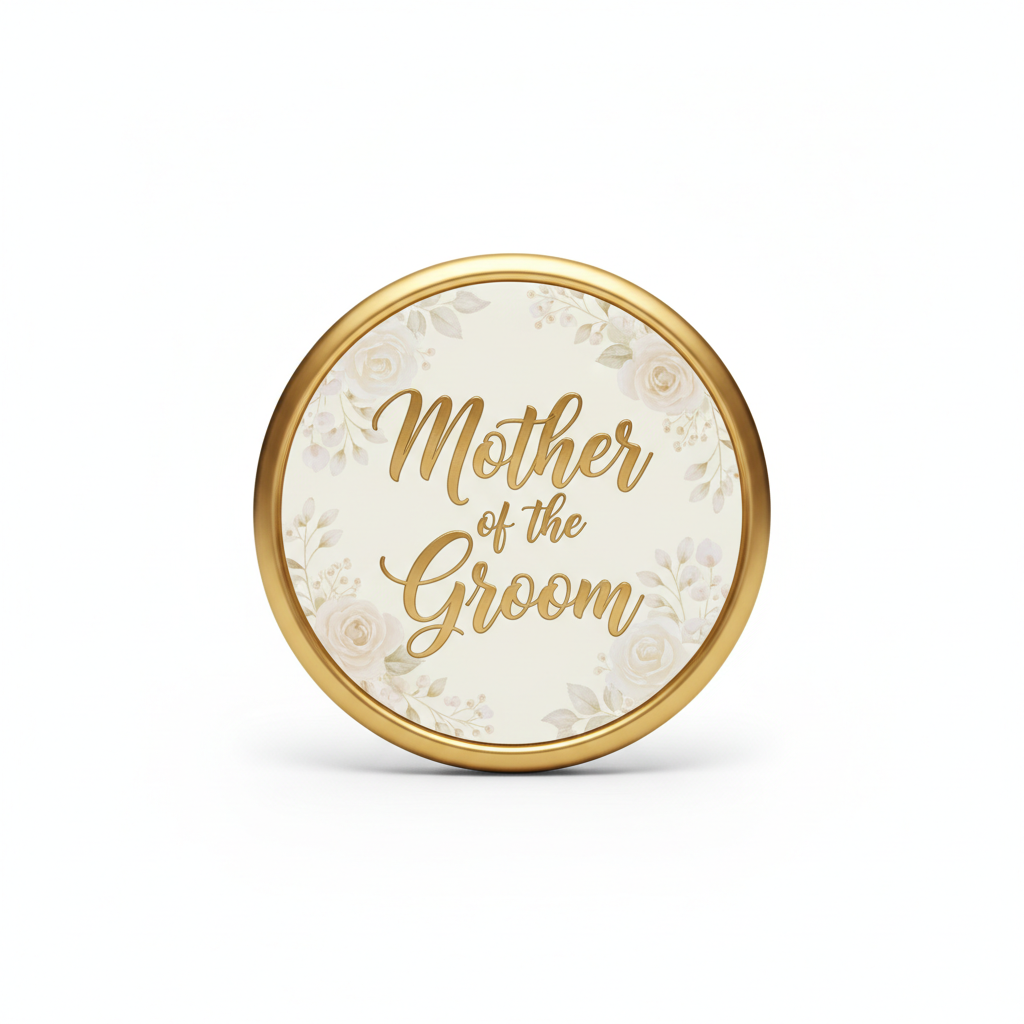 Round gold pinback with “Mother of the Groom” script and floral border