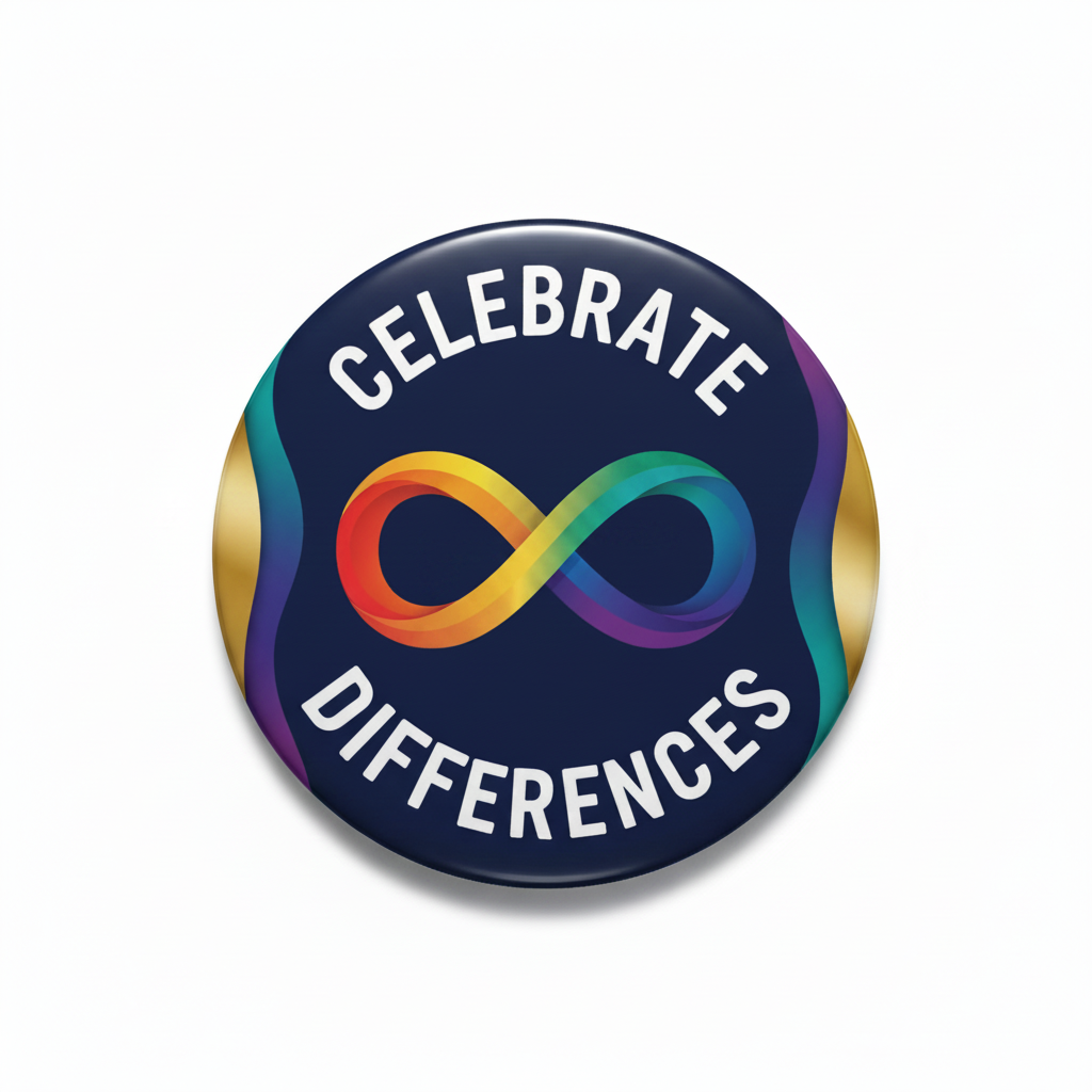 Round autism awareness pin with “CELEBRATE DIFFERENCES” text and rainbow infinity symbol