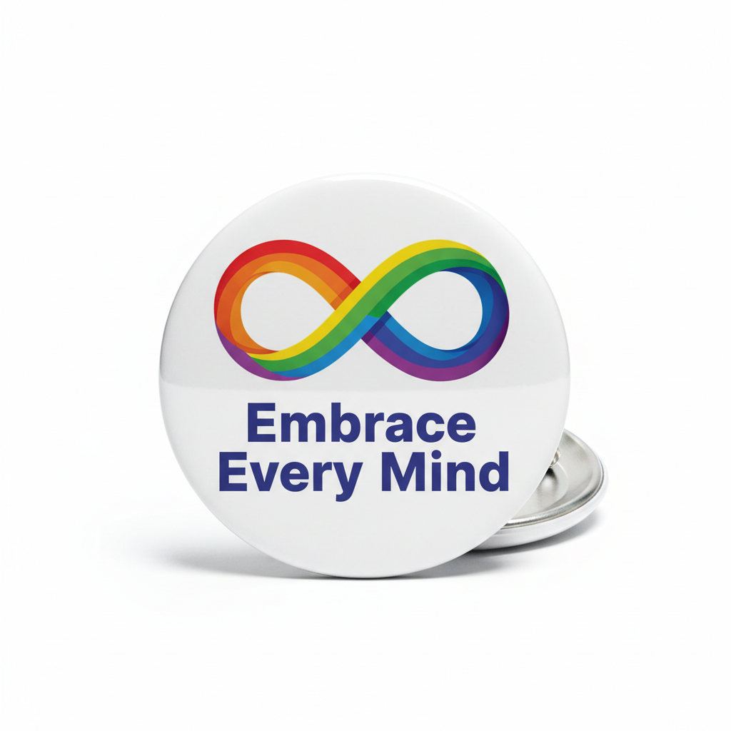 2.25-inch white pinback button with rainbow infinity and text “Embrace Every Mind”
