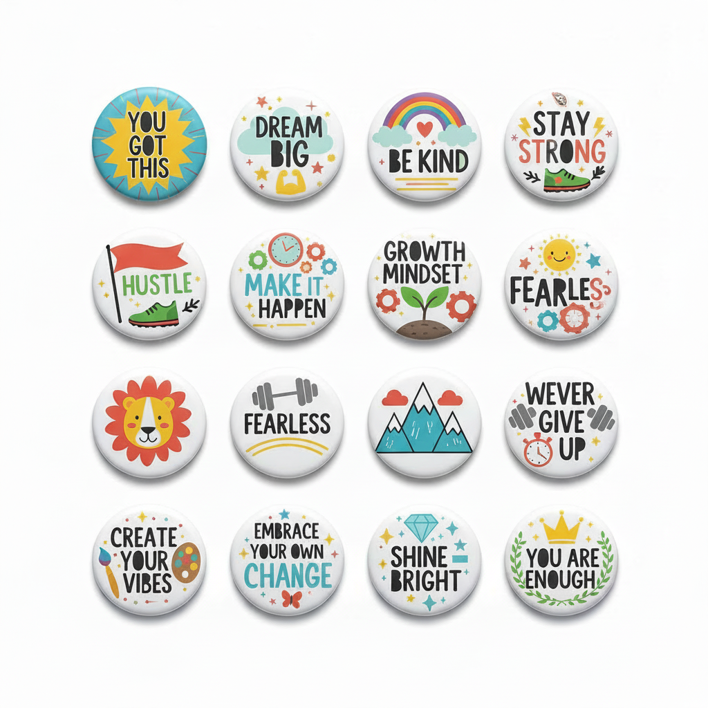 A set of 15 round pin-back buttons or stickers arranged in a 3x5 grid on a plain white background. Each button features a different colorful cartoon-style graphic and motivational phrase such as 'YOU GOT THIS', 'DREAM BIG', 'BE KIND', 'STAY STRONG', 'HUSTLE', 'MAKE IT HAPPEN', 'GROWTH MINDSET', 'FEARLESS', 'WEVER GIVE UP', 'CREATE YOUR VIBES', 'EMBRACE YOUR OWN CHAGFE', 'SHINE BRIGHT', and 'YOU ARE ENOUGH'.