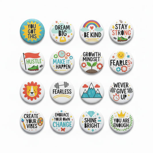 A set of 15 round pin-back buttons or stickers arranged in a 3x5 grid on a plain white background. Each button features a different colorful cartoon-style graphic and motivational phrase such as 'YOU GOT THIS', 'DREAM BIG', 'BE KIND', 'STAY STRONG', 'HUSTLE', 'MAKE IT HAPPEN', 'GROWTH MINDSET', 'FEARLESS', 'WEVER GIVE UP', 'CREATE YOUR VIBES', 'EMBRACE YOUR OWN CHAGFE', 'SHINE BRIGHT', and 'YOU ARE ENOUGH'.