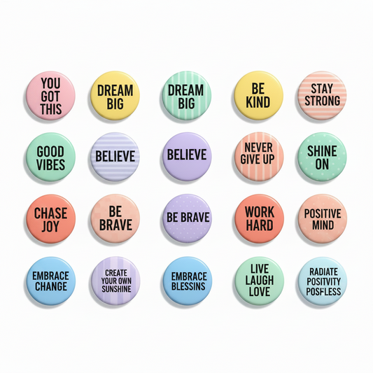 Motivational quote pinback button set with phrases like 'DREAM BIG' and 'STAY STRONG'
