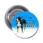 Round pin badge with Swiss Mountain Dog illustration and blue "got swissie?" text