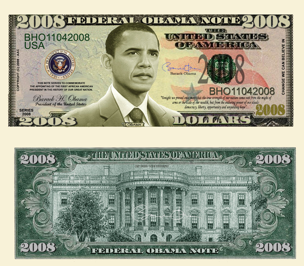 Rectangular mouse pad with 2008 Obama dollar bill design, dark green and beige