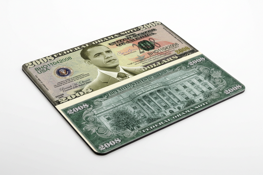 Rectangular mouse pad with 2008 Obama dollar bill print, angled view, green and tan