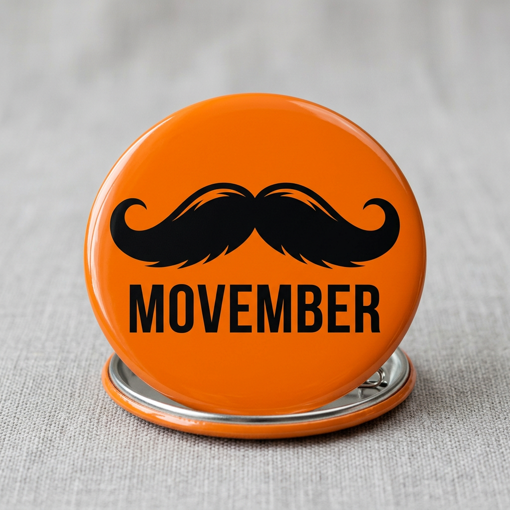 Movember Orange and Black Moustache Pin Button 2.25-inch