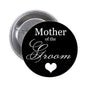Mother of the Groom pinback button with black heart design, round 1.25-inch