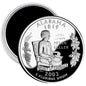 Round coin-shaped Alabama magnet with Helen Keller portrait and floral design, text ALABAMA 1819
