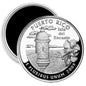 Circular Puerto Rico quarter-style magnet with lighthouse and flower, 'Isla del Encanto'