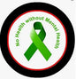 Green awareness ribbon pin with circular text on black-and-red border