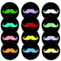 Set of 12 round black pinback buttons with colorful mustache icons