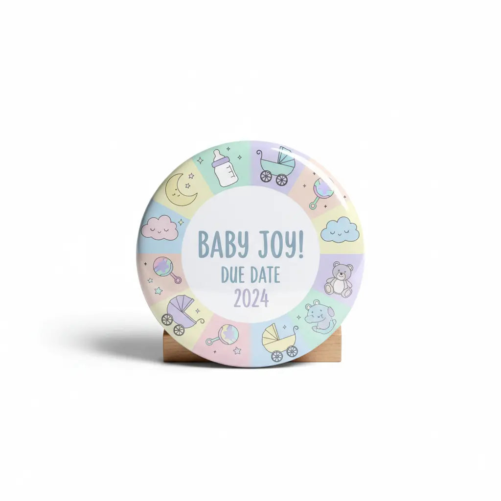 Multicolored baby shower button pinback with baby icons and 'BABY JOY! DUE 2024'