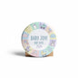 Multicolored baby shower button pinback with baby icons and 'BABY JOY! DUE 2024'