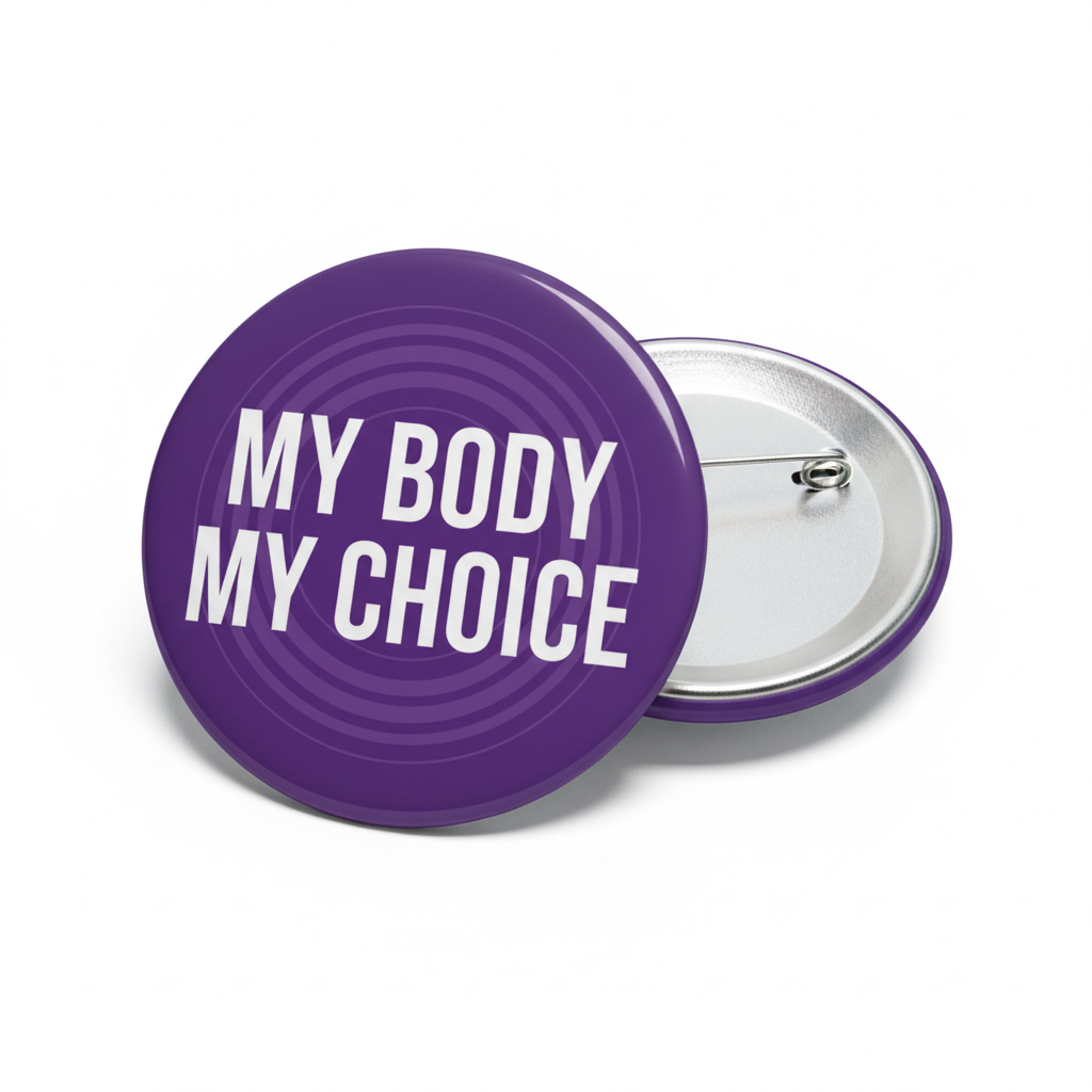 2.25-inch purple pinback button with white "MY BODY MY CHOICE" text