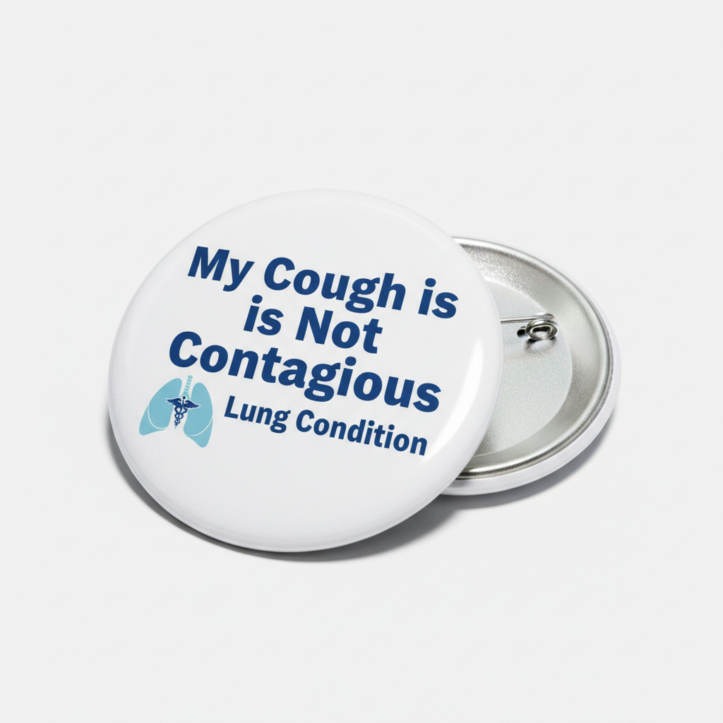 Round pinback button with “My Cough is Not Contagious” text and lungs icon