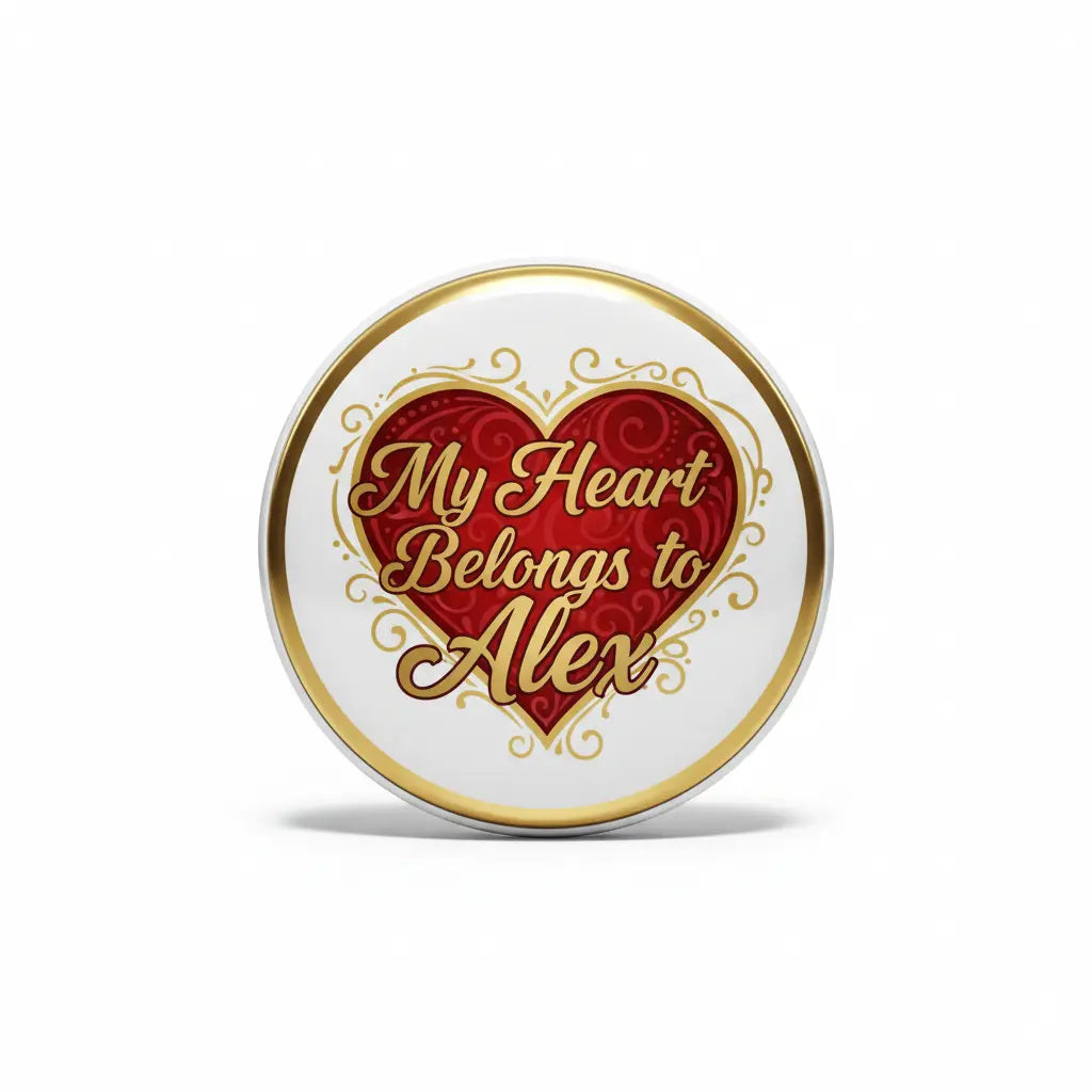 Round pinback button with gold rim, white face, red heart and script lettering