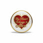 Round pinback button with gold rim, white face, red heart and script lettering