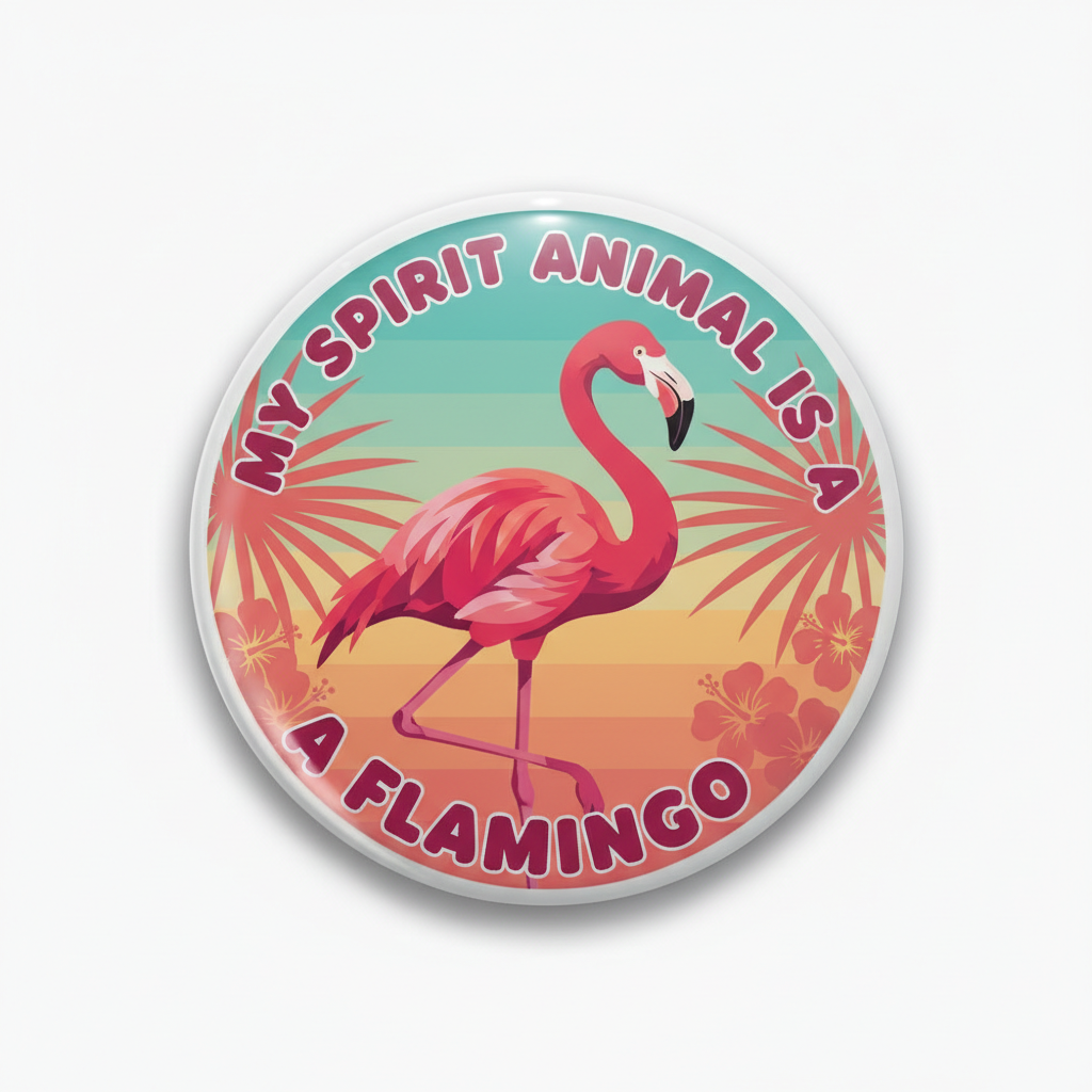 A round pinback button badge featuring a pink flamingo on a tropical sunset background with the text 'MY SPIRIT ANIMAL IS A FLAMINGO'.