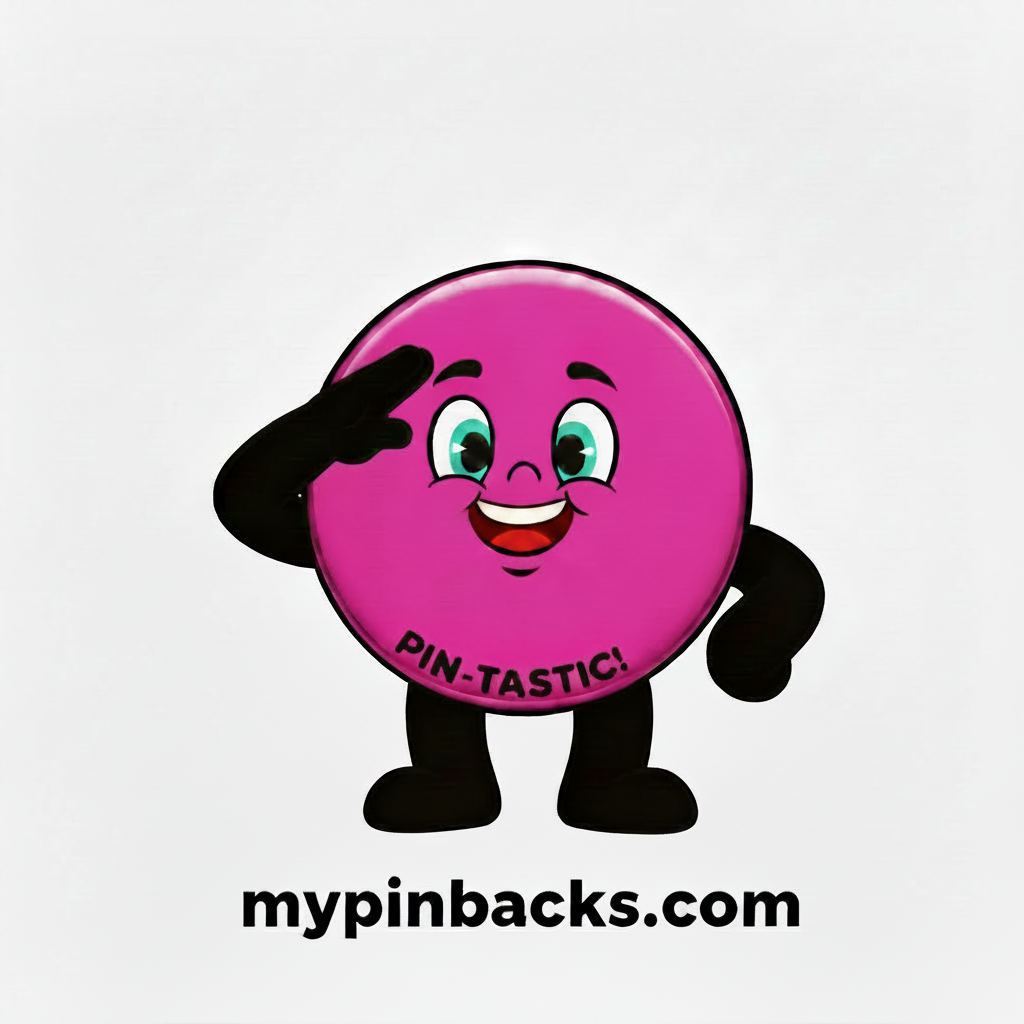 2.25-inch pinback button with pink cartoon face, “PIN-TASTIC!” text, silver backing