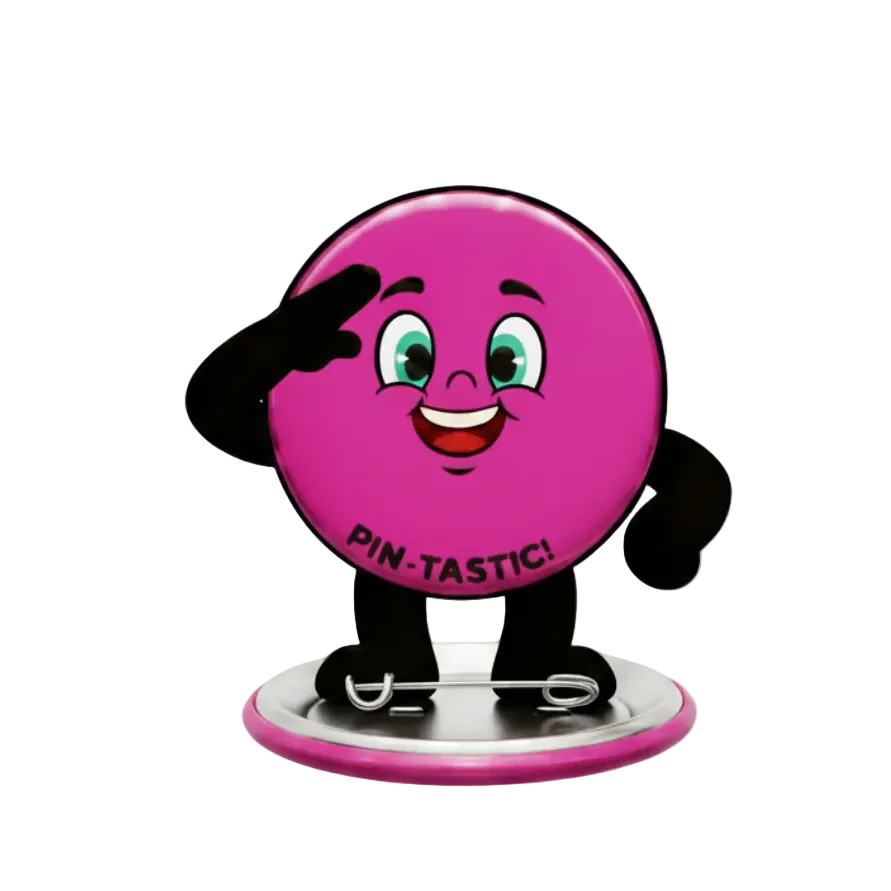 Pink character button with 'PIN-TASTIC!' text on a white background