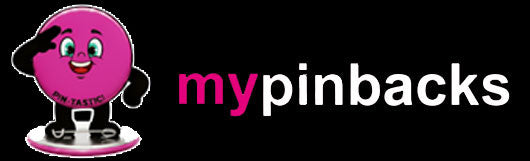 Logo of mypinbacks with a pink character on a black background