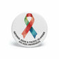 Round HIV/AIDS awareness pinback with multicolor ribbon and text ring