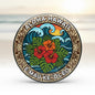 Round Hawaiian pinback button with blue waves, hibiscus flowers, and patterned border