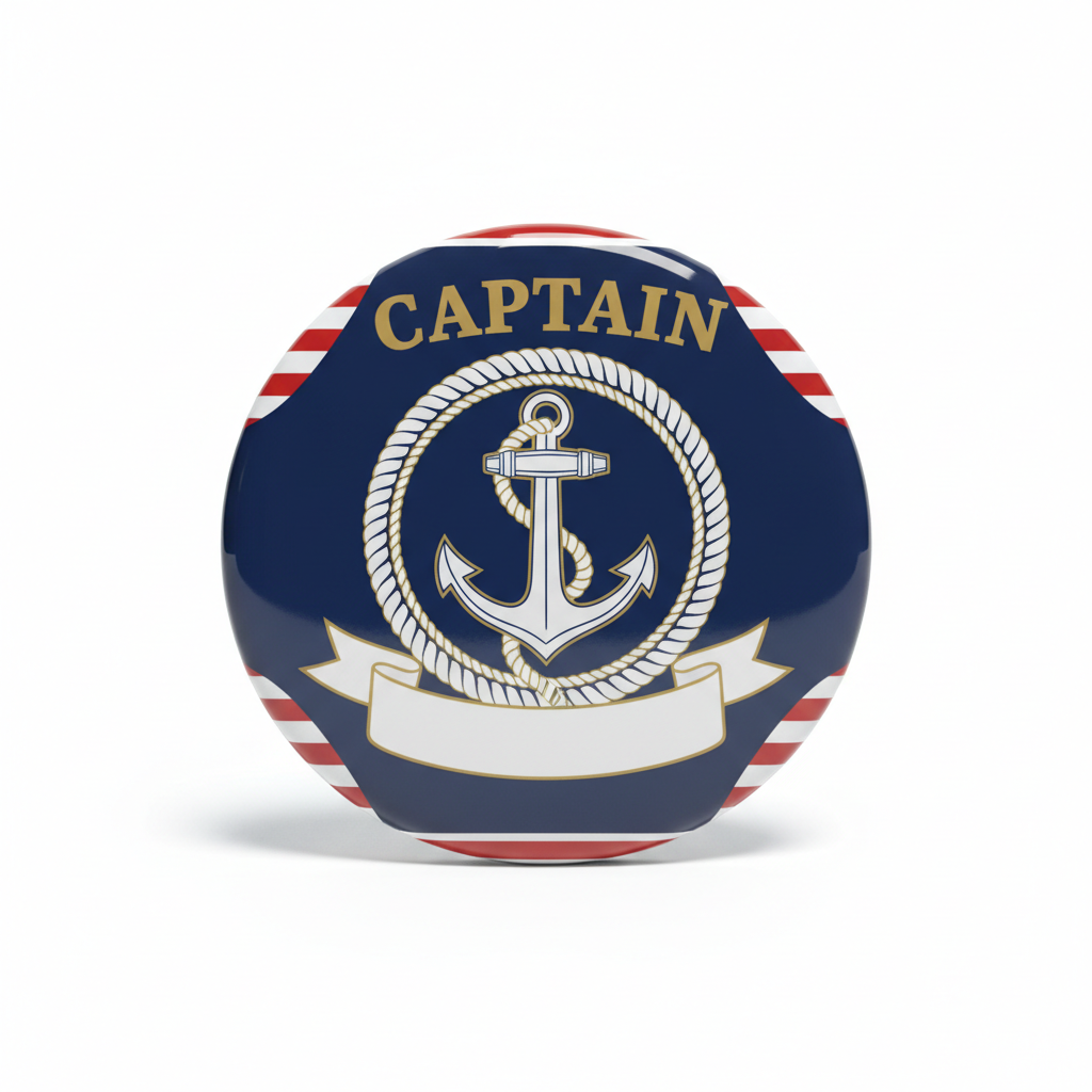 Navy captain pinback button with anchor emblem and gold rope border