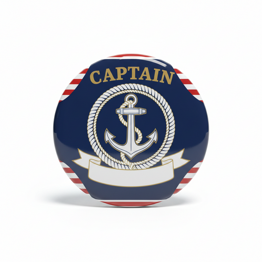 Navy captain pinback button with anchor emblem and gold rope border